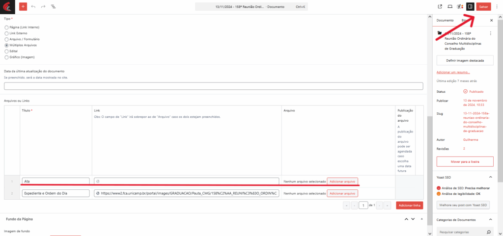 2- Adicione o link da Ata e clique em “Salvar” no canto superior esquerdo.