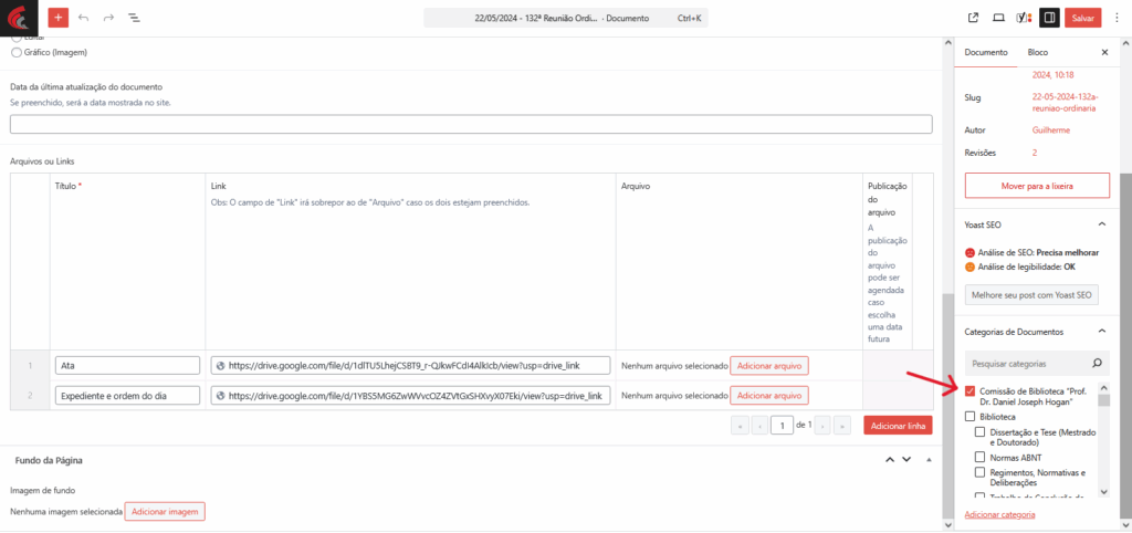 4- Após colocar o título e o link dos arquivos, selecione a categoria de documentos correspondente.