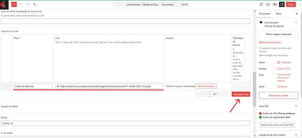 5- Clique em "Adicionar linha" para poder colocar o link do arquivo.
